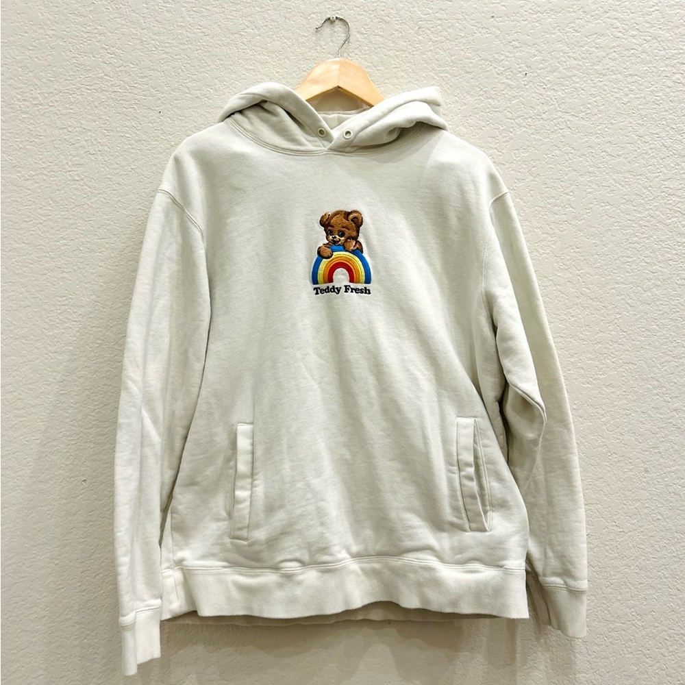 Teddy Fresh Over The Rainbow 100% Cotton Hoodie Size Large Cream White Bear